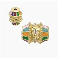 Copper Barrel Beads Pave Zirconia Multicolor Enamel Gold Plated, approx 16-19mm