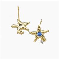 Copper Starfish Stud Earrings Pave Zirconia Gold Plated, approx 11mm
