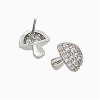 Copper Mushroom Stud Earrings Pave Zirconia Platinum Plated, approx 11mm