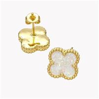 Copper Clover Stud Earrings Pave Fire Opal 18K Gold Plated, approx 13mm