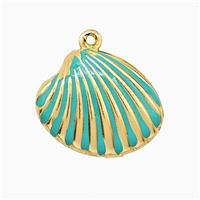 Copper Scallop Shell Pendant Teal Enamel Gold Plated, approx 15-19mm