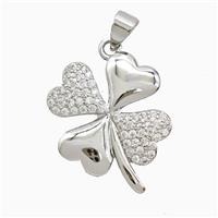 Copper Clover Pendant Pave Zirconia Platinum Plated, approx 18-22mm