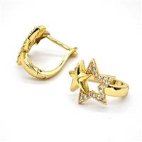 Copper Star Latchback Earrings Pave Zirconia Gold Plated, approx 17mm, 13mm