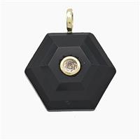 Black Obsidian Hexagon Pendant Pave Zirconia, approx 17-19mm