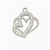 Raw Stainless Steel Heart Pendant Pave Rhinestone, approx 15mm