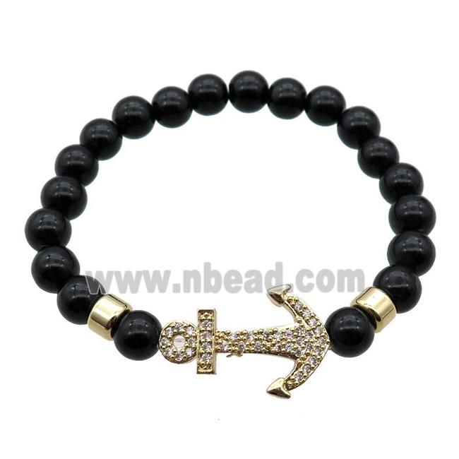 black Onyx Agate Bracelet with anchor, stretchy