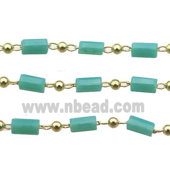 copper chain with green crystal glass beads, tube, gold plated