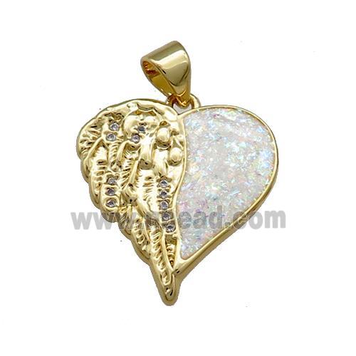 Copper Heart Pendant Pave Fire Opal Zircon Angel Wings 18K Gold