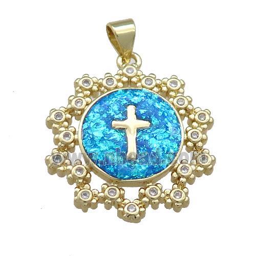 Copper Circle Pendant Pave Fire Opal Zircon Cross 18K Gold