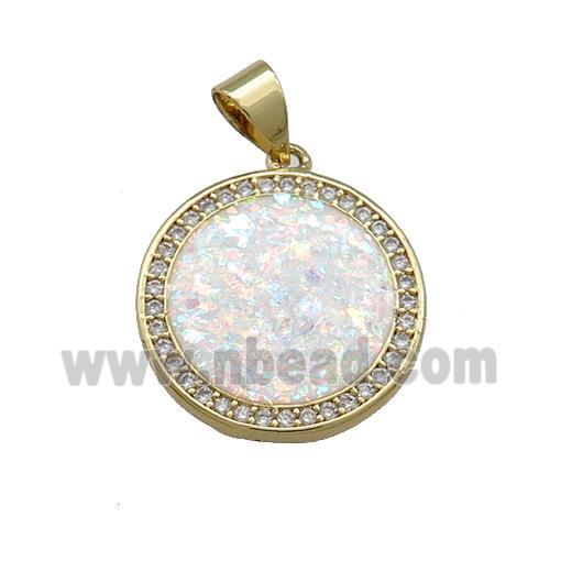 Copper Circle Pendant Pave White Fire Opal Zircon 18K Gold Plated