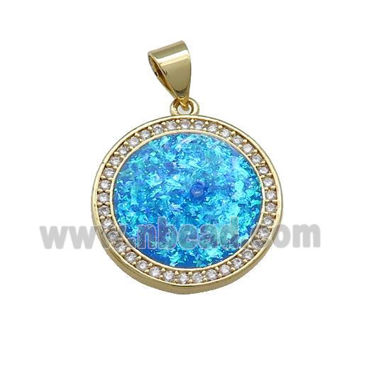 Copper Circle Pendant Pave Blue Fire Opal Zircon 18K Gold Plated