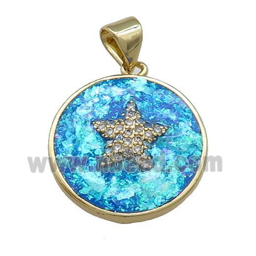 Copper Circle Pendant Pave Blue Fire Opal Zircon Star 18K Gold Plated