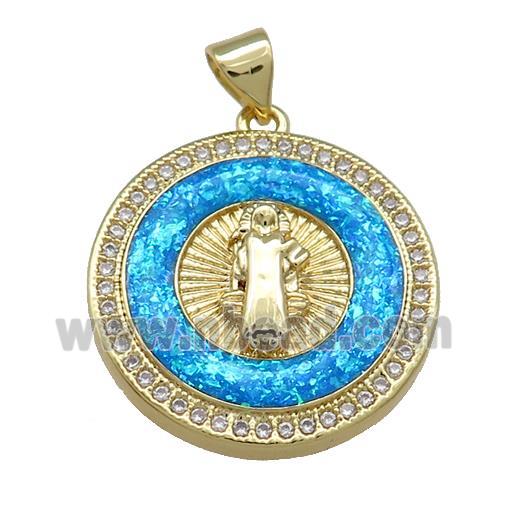 Jesus Charms Copper Circle Pendant Pave Blue Fire Opal Zircon 18K Gold Plated