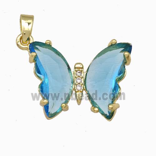 Blue Chinese Crystal Glass Butterfly Pendant Gold Plated