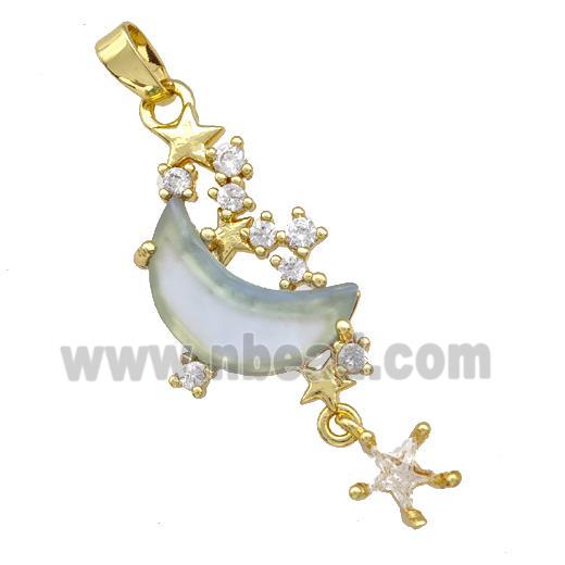 Copper Pendant Pave Zirconia Grayblue Crystal Glass Moon Gold Plated