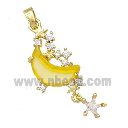 Copper Pendant Pave Zirconia Yellow Crystal Glass Moon Gold Plated