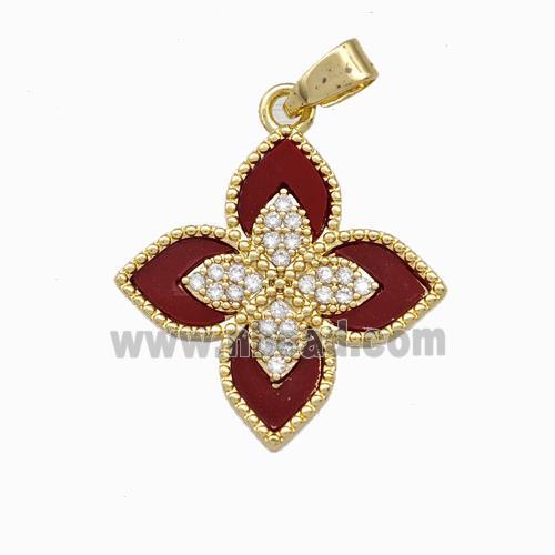 Copper Clover Pendant Pave Zirconia Red Shell Gold Plated