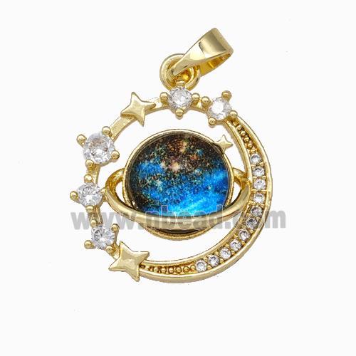 Copper Planet Moon Pendant Pave Zirconia Gold Plated