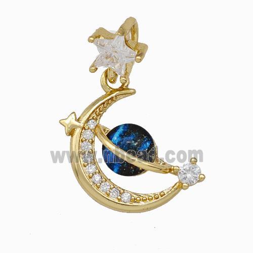Copper Moon Planet Pendant Pave Zirconia Gold Plated