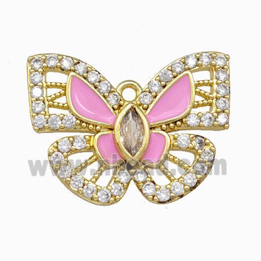 Copper Butterfly Pendant Pave Zircoina Pink Enamel Gold Plated