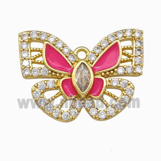 Copper Butterfly Pendant Pave Zircoina Hotpink Enamel Gold Plated
