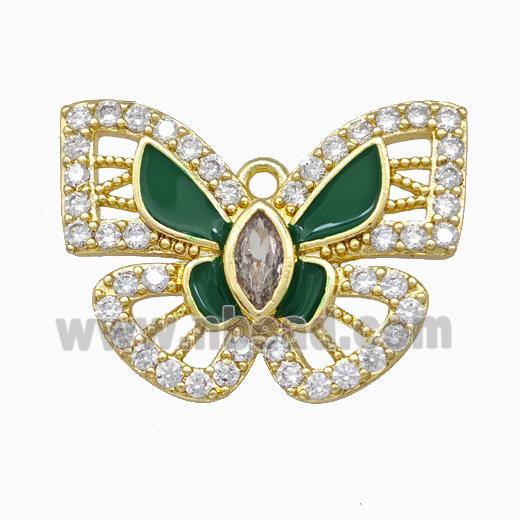 Copper Butterfly Pendant Pave Zircoina Green Enamel Gold Plated