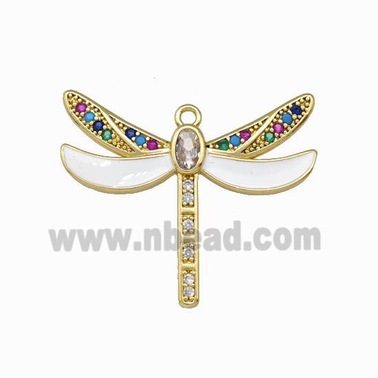Copper Dragonfly Pendant Pave Zircoina White Enamel Gold Plated