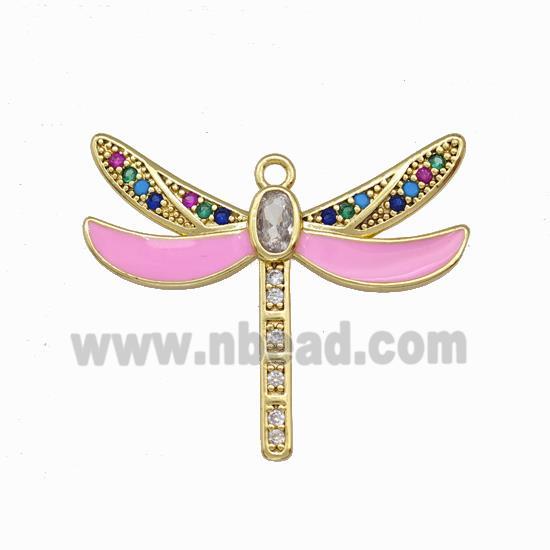 Copper Dragonfly Pendant Pave Zircoina Pink Enamel Gold Plated