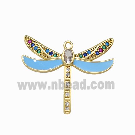 Copper Dragonfly Pendant Pave Zircoina Blue Enamel Gold Plated