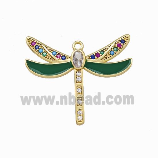 Copper Dragonfly Pendant Pave Zircoina Green Enamel Gold Plated