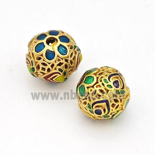 Copper Round Beads Multicolor Painted Hollow Gold Plated