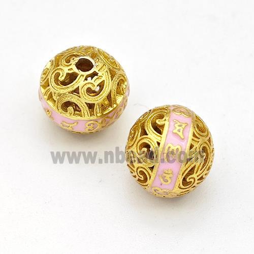 Copper Round Beads Pink Painted Buddhist Hollow Gold Plated