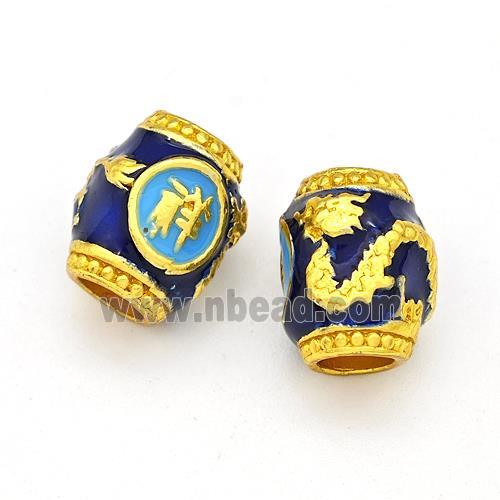 Copper Barrel Beads Blue Painted Dragon Large Hole Gold Plated