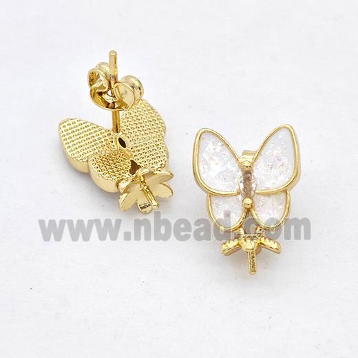 Copper Butterfly Stud Earrings Pave White Fire Opal 18K Gold Plated