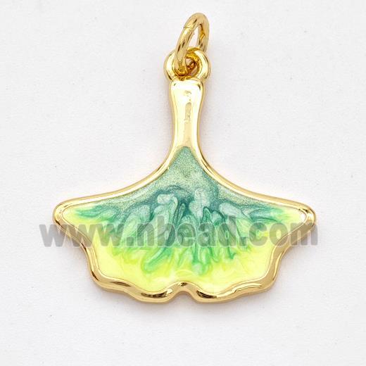 Copper Ginkgo-Leaf Pendant Yellowgreen Painted 18K Gold Plated