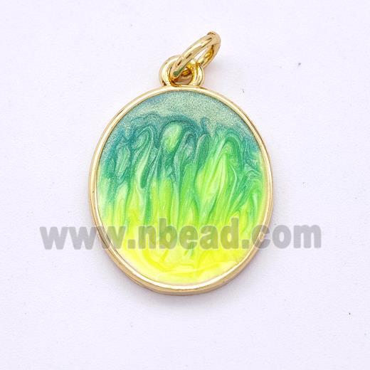 Copper Oval Pendant Yellowgreen Painted 18K Gold Plated