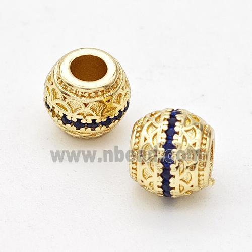 Copper Round Beads Micro Pave Blue Zirconia Large Hole Gold Plated