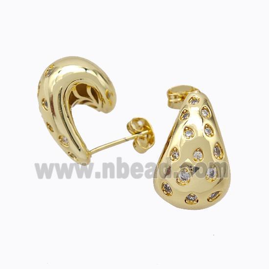 Copper Comma Stud Earrings Micropave Zirconia Hollow Gold Plated