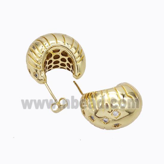 Copper Stud Earrings Micro Pave Zirconia C-Shape Hollow Gold Plated