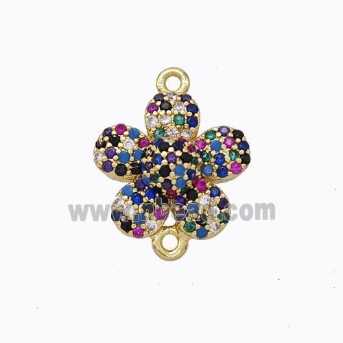 Copper Flower Connector Micropave Zirconia Multicolor Gold Plated