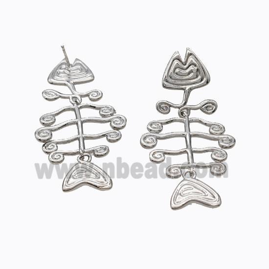 Copper Fishbone Stud Earrings Platinum Plated