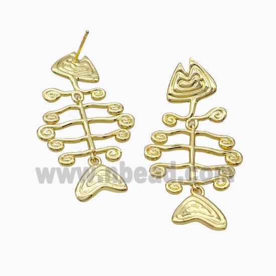 Copper Fishbone Stud Earrings Gold Plated