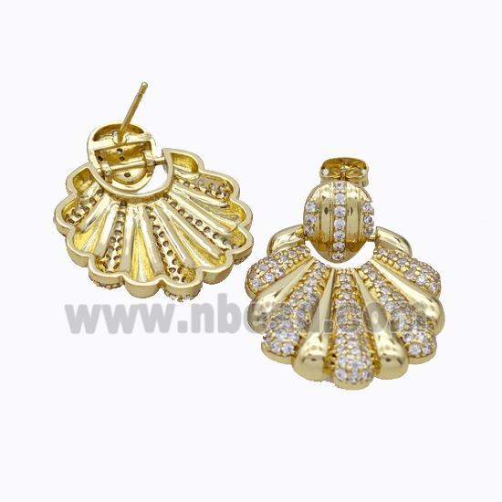 Copper Scallop Stud Earrings Micropave Zirconia Gold Plated