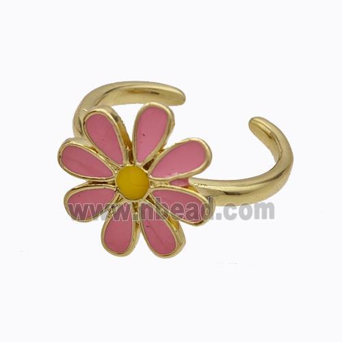 Copper Daisy Rings Pink Enamel Flower Gold Plated