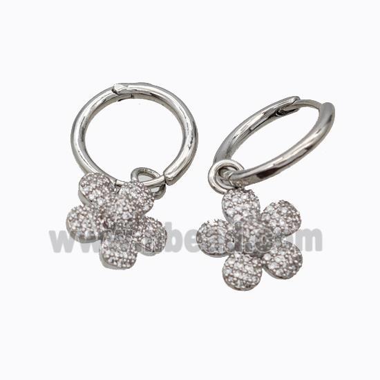 Copper Flower Hoop Earrings Pave Zirconia Platinum Plated