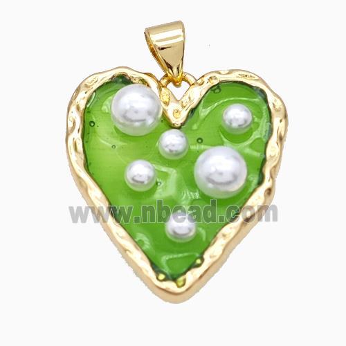 Copper Heart Pendant Pave Pearlized Resin Green Gold Plated