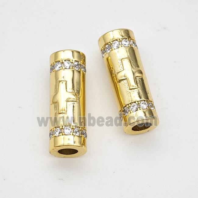 Copper Tube Beads Pave Zirconia Large Hole Gold Plated