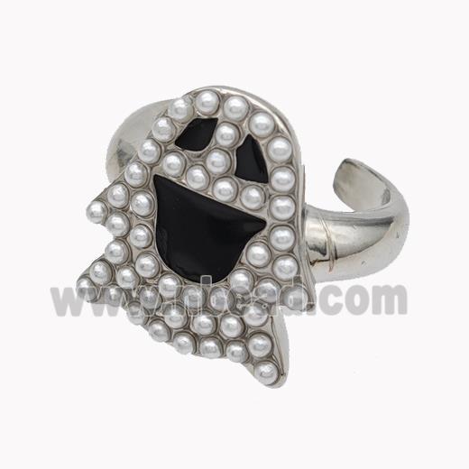 Halloween Ghost Charms Copper Rings Pave Pearlized Resin Black Enamel Platinum Plated