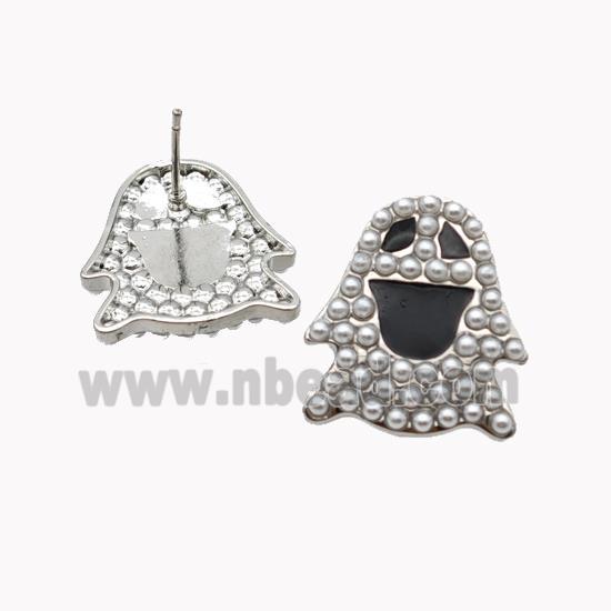 Halloween Ghost Charms Copper Stud Earrings Pave Pearlized Resin Black Enamel Platinum Plated