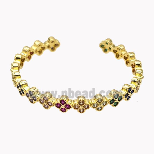 Copper Clover Bangle Pave Multicolor Zirconia Gold Plated